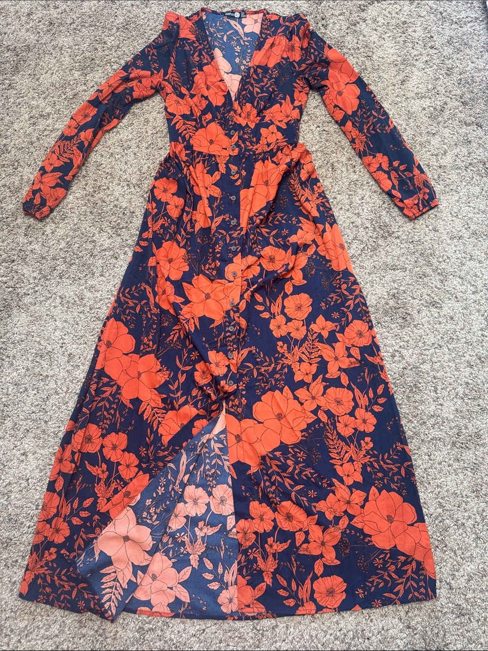 Boohoo Navy Maxi Dress with Bright Orange Floral Print